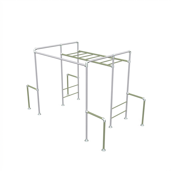 Silver metal outdoor workout frame with lime green ladder and crossbar accents, isolated on a white background.