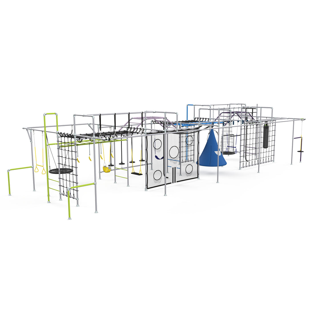 Apex monkey bar setup render with cargo nets, rings, swings and climbing panels