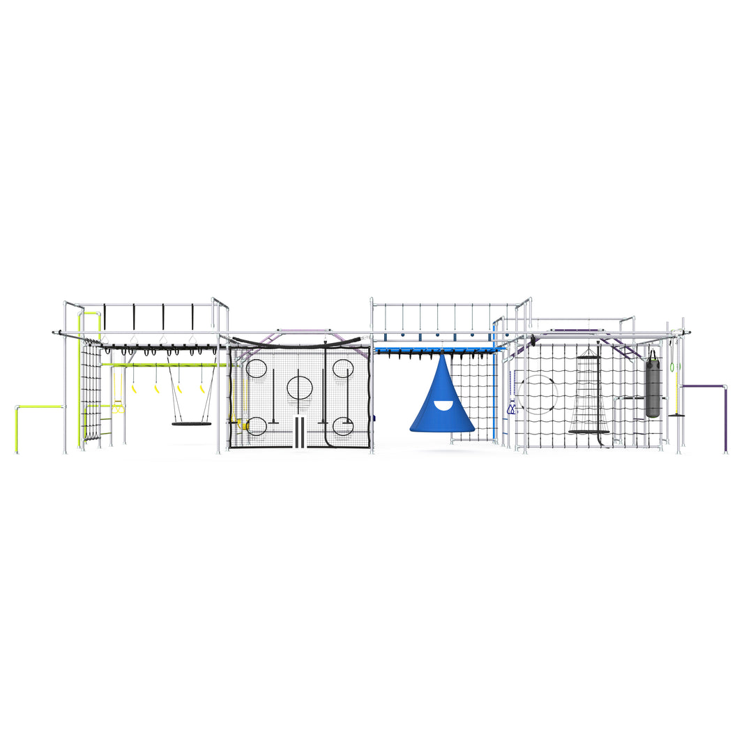 Apex monkey bar layout render with cargo net, rings and cubby-style panel