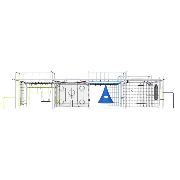 Apex monkey bar layout render with cargo net, rings and cubby-style panel