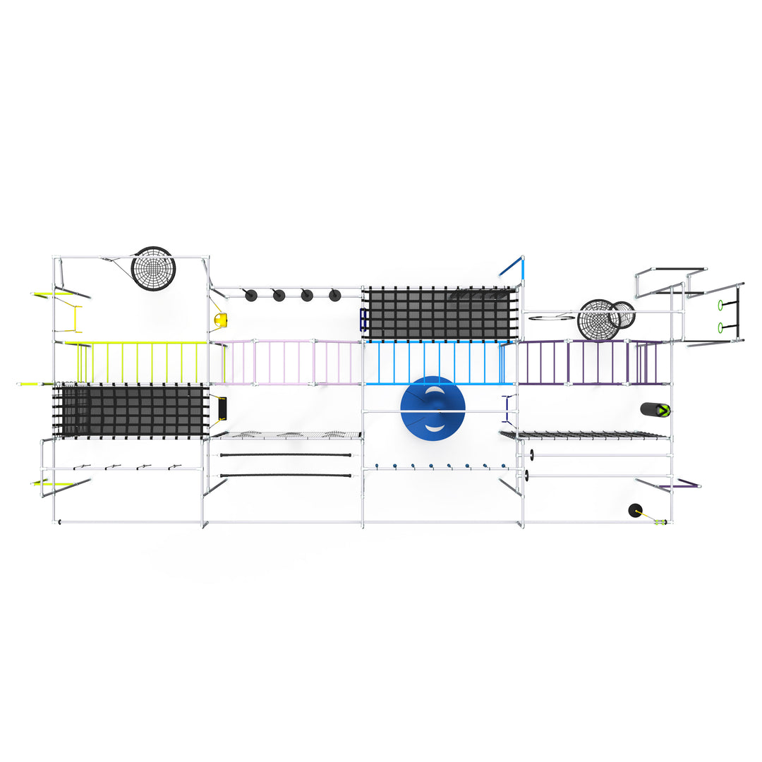 Apex monkey bar layout render with horizontal nets and ball target panels