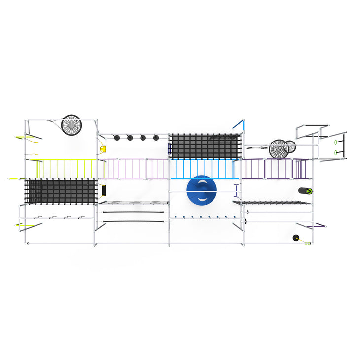 Apex monkey bar layout render with horizontal nets and ball target panels