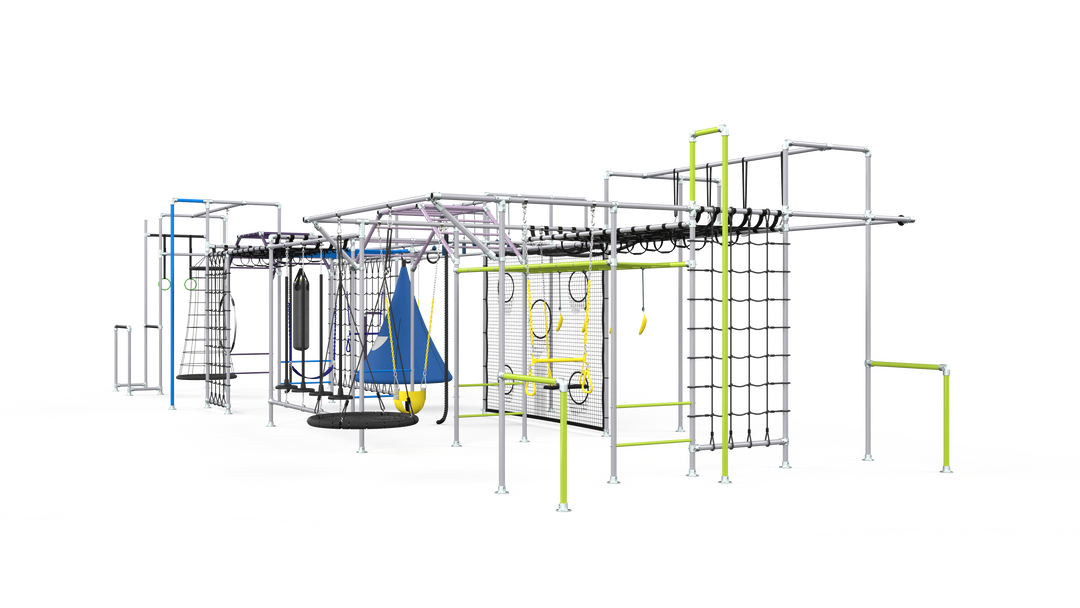 Apex monkey bar setup render with swings, cargo wall and climbing accessories
