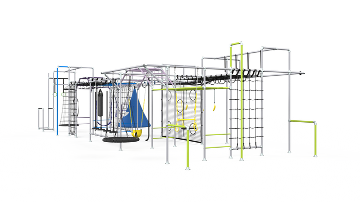Apex monkey bar setup render with swings, cargo wall and climbing accessories