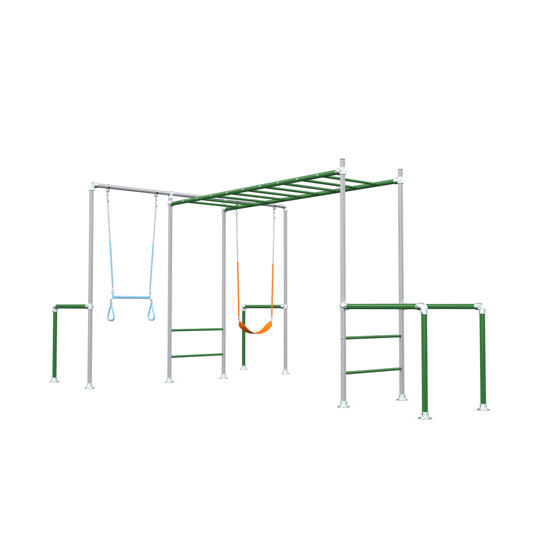 Children's playground structure with monkey bars and swings 