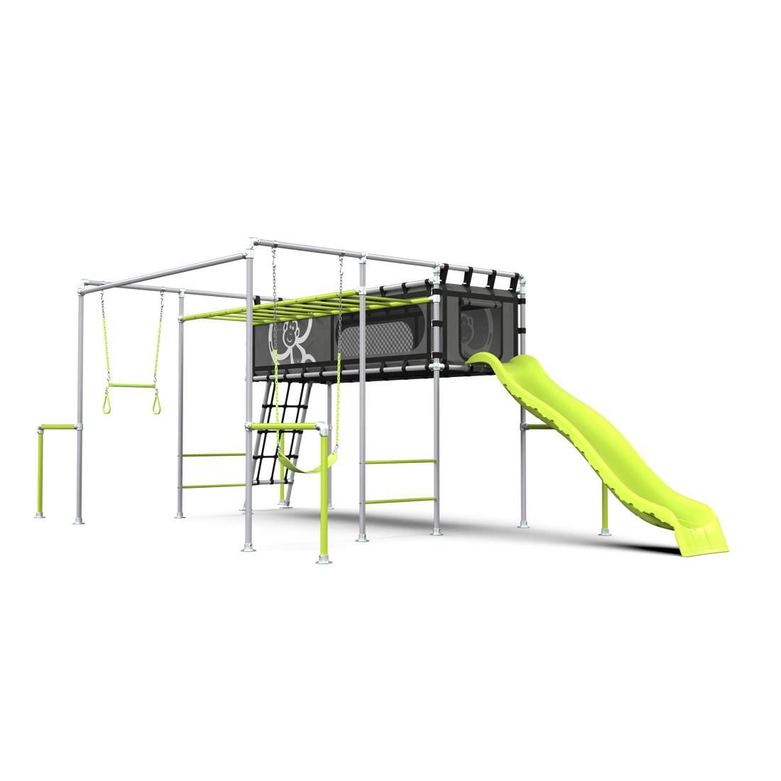 Children's playset with slide, swings, and climbing elements