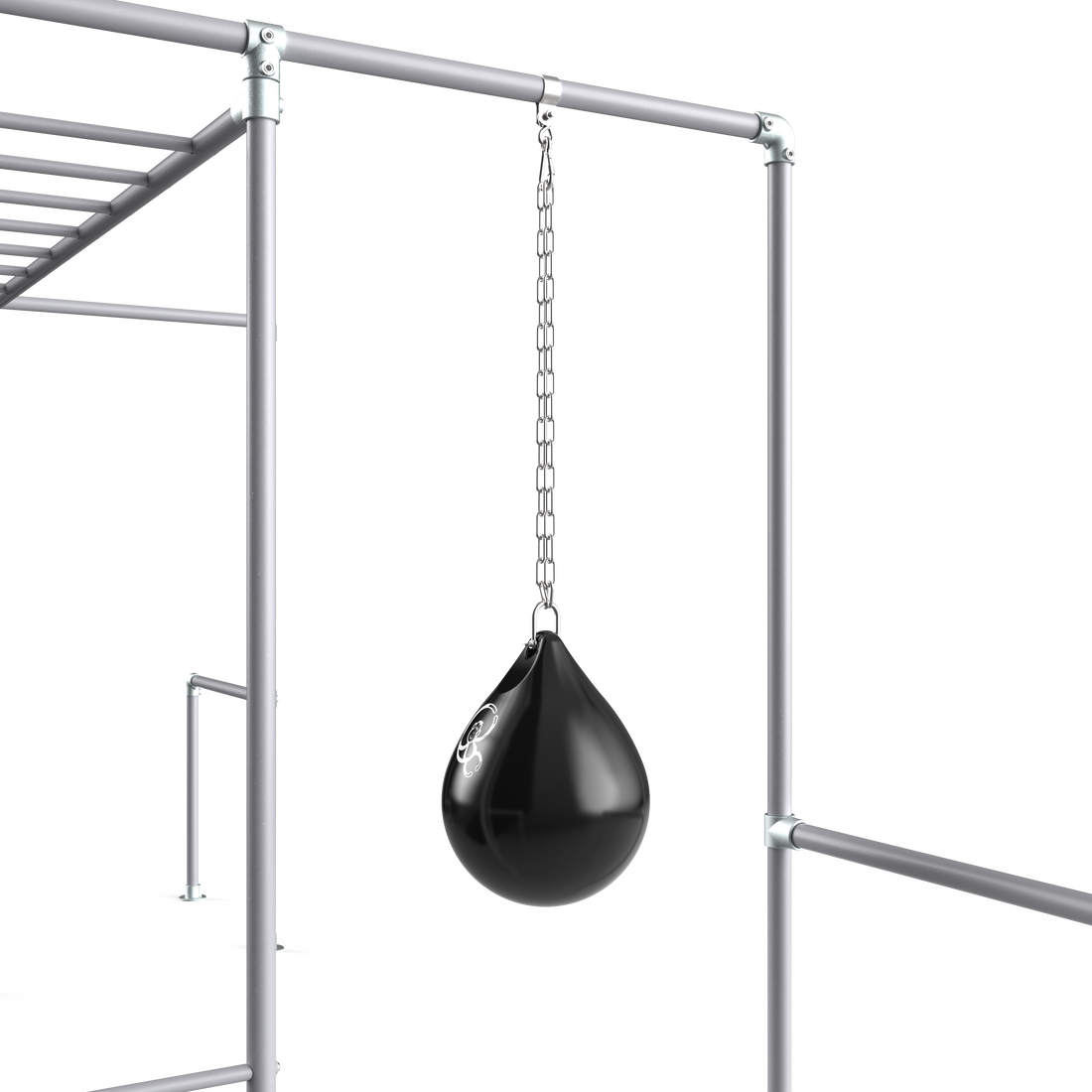 Black Hydro Ball boxing bag hanging from a Funky Monkey Bars frame
