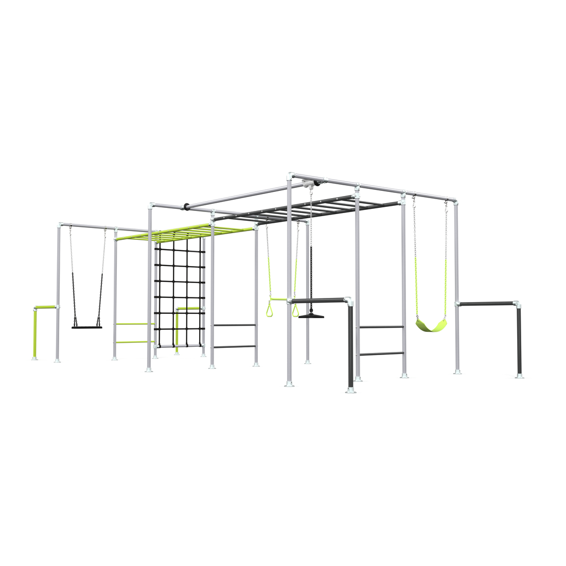 Children's play structure with swings and monkey bars