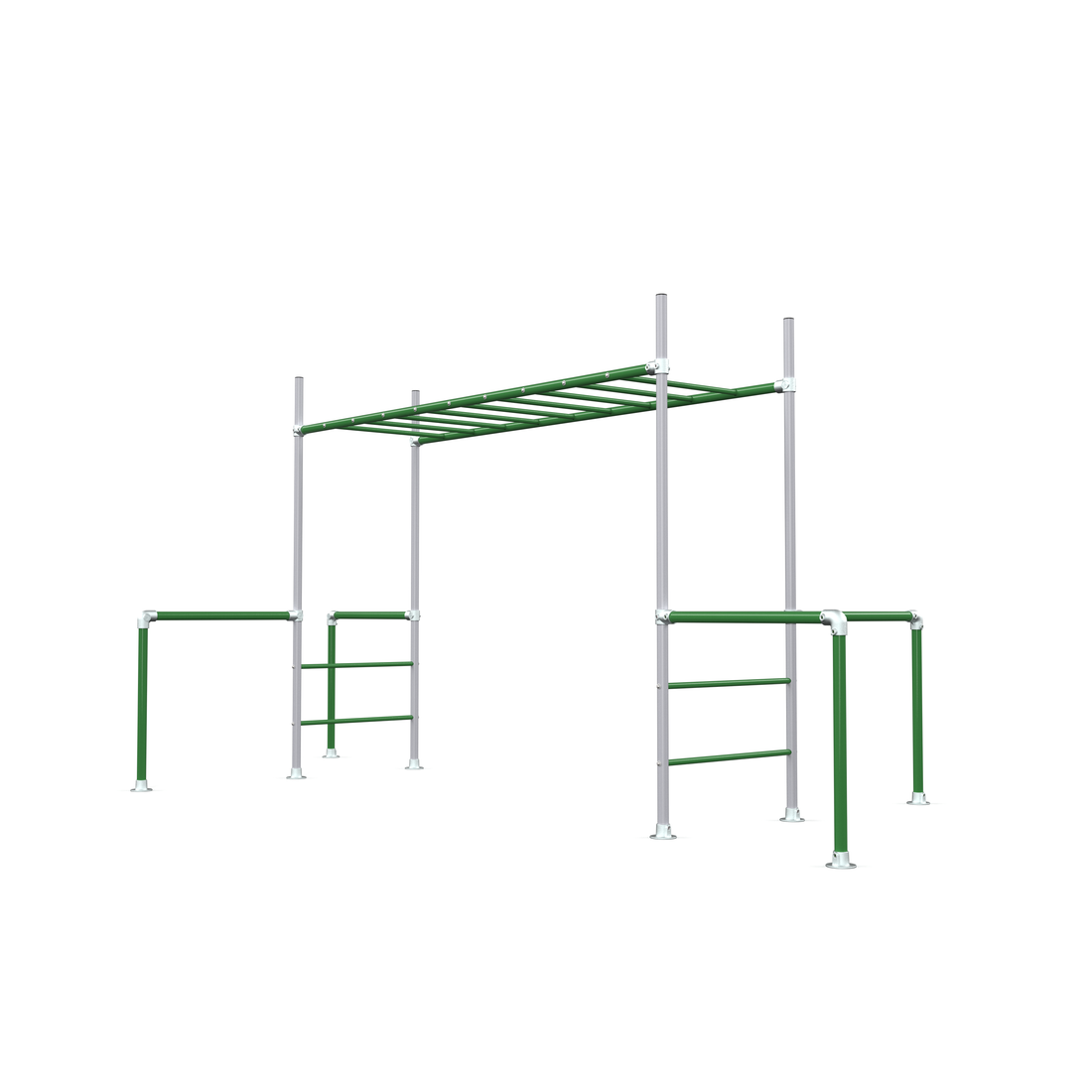 Green metal monkey bar climbing frame