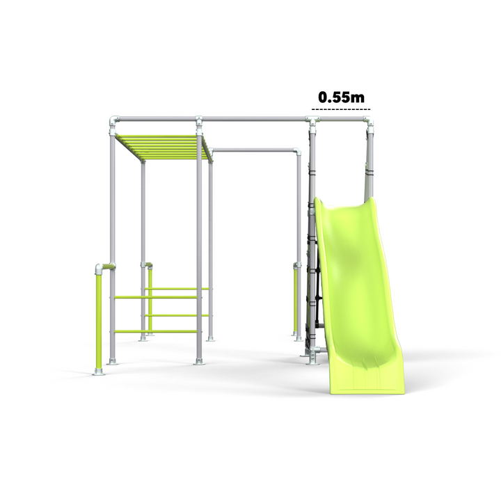 Funky Monkey Bars playground structure with green slide and ladder attached to height adjustable monkey bars