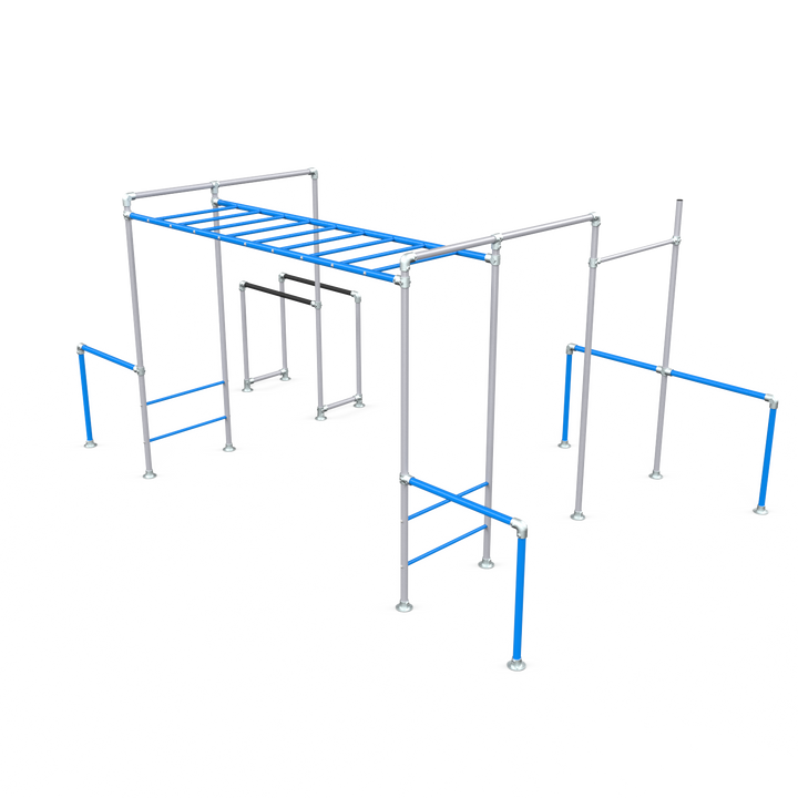 Blue Tamarin Plus Base monkey bar frame with gym rings and dip bars