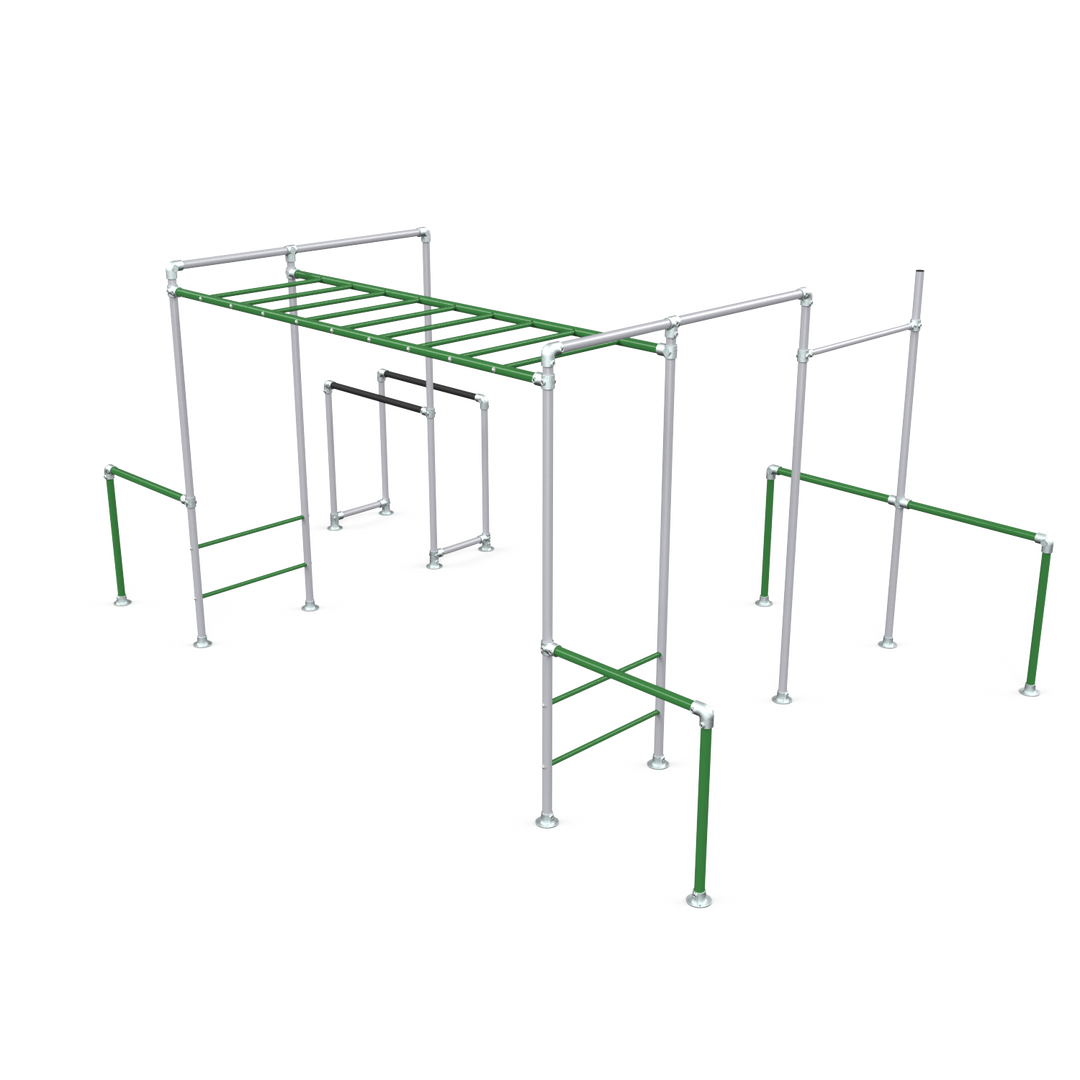 Green Tamarin Plus Base monkey bar frame with gym rings and dip bars