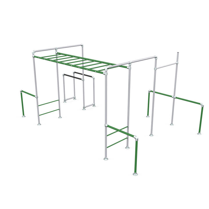 Green Tamarin Plus Base monkey bar frame with gym rings and dip bars
