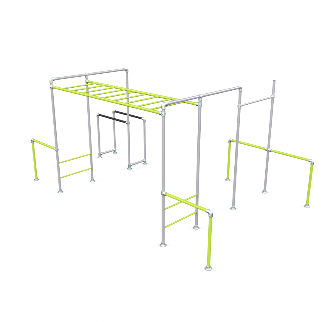 Lime Tamarin Plus Base monkey bar frame with gym rings and dip bars