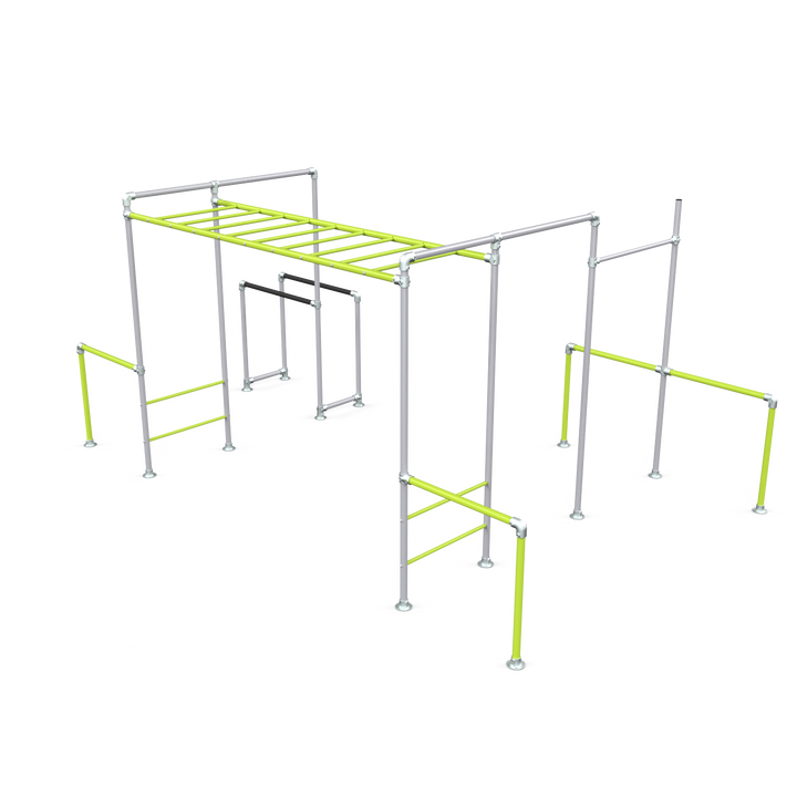 Lime Tamarin Plus Base monkey bar frame with gym rings and dip bars