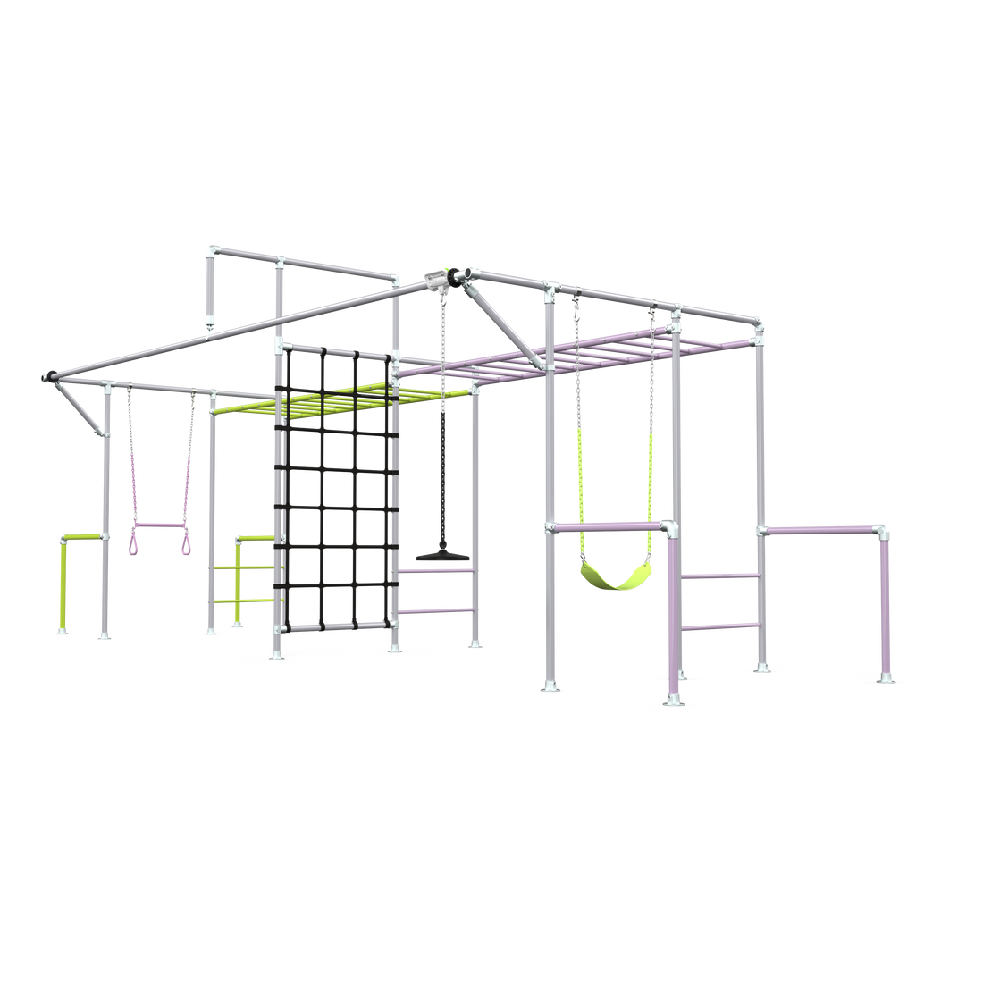 Troop Plus 6M Flying Fox frame render with sling swing, trapeze, cargo net and flying fox