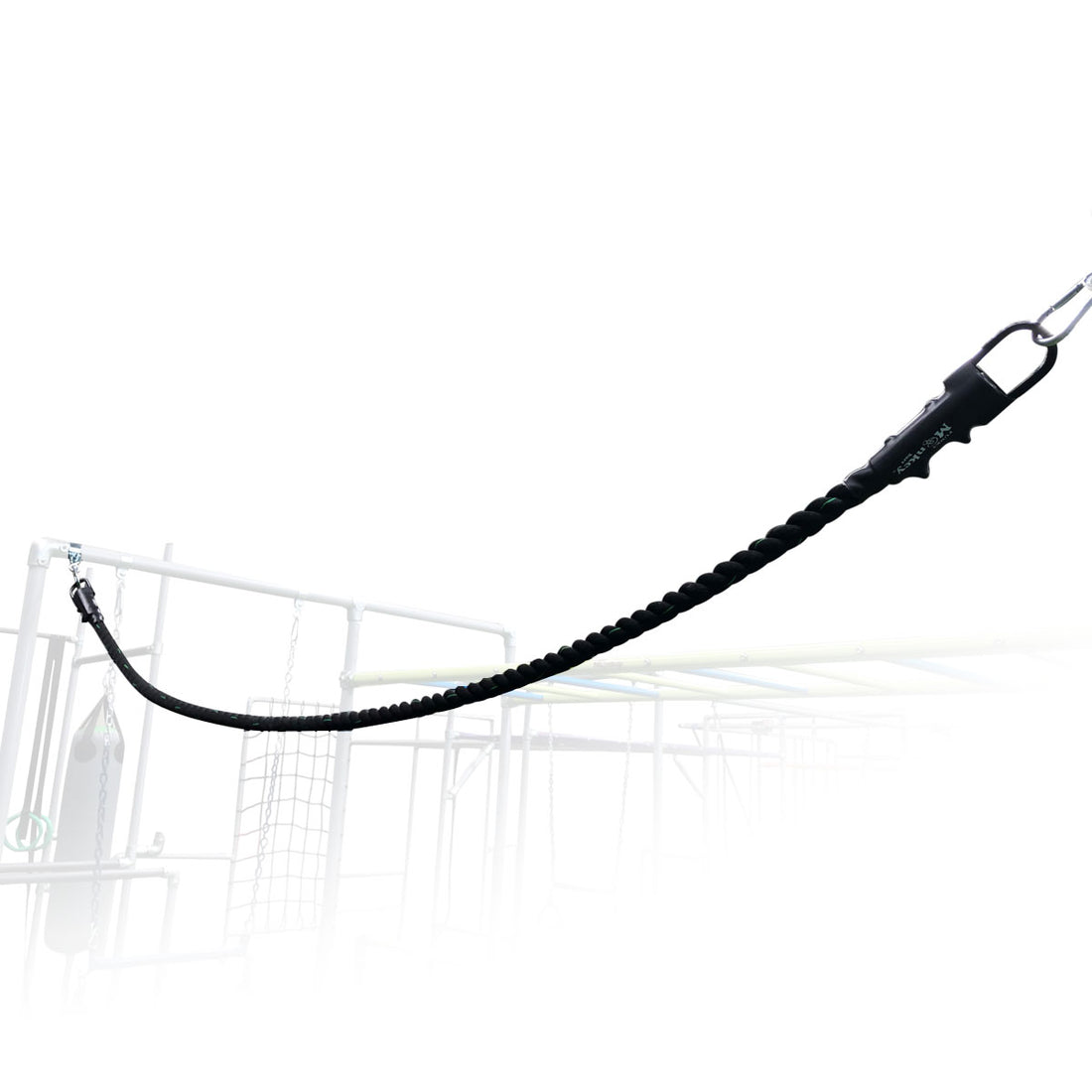 Black 3m Horizontal Jungle Rope attached to a Funky Monkey Bars frame