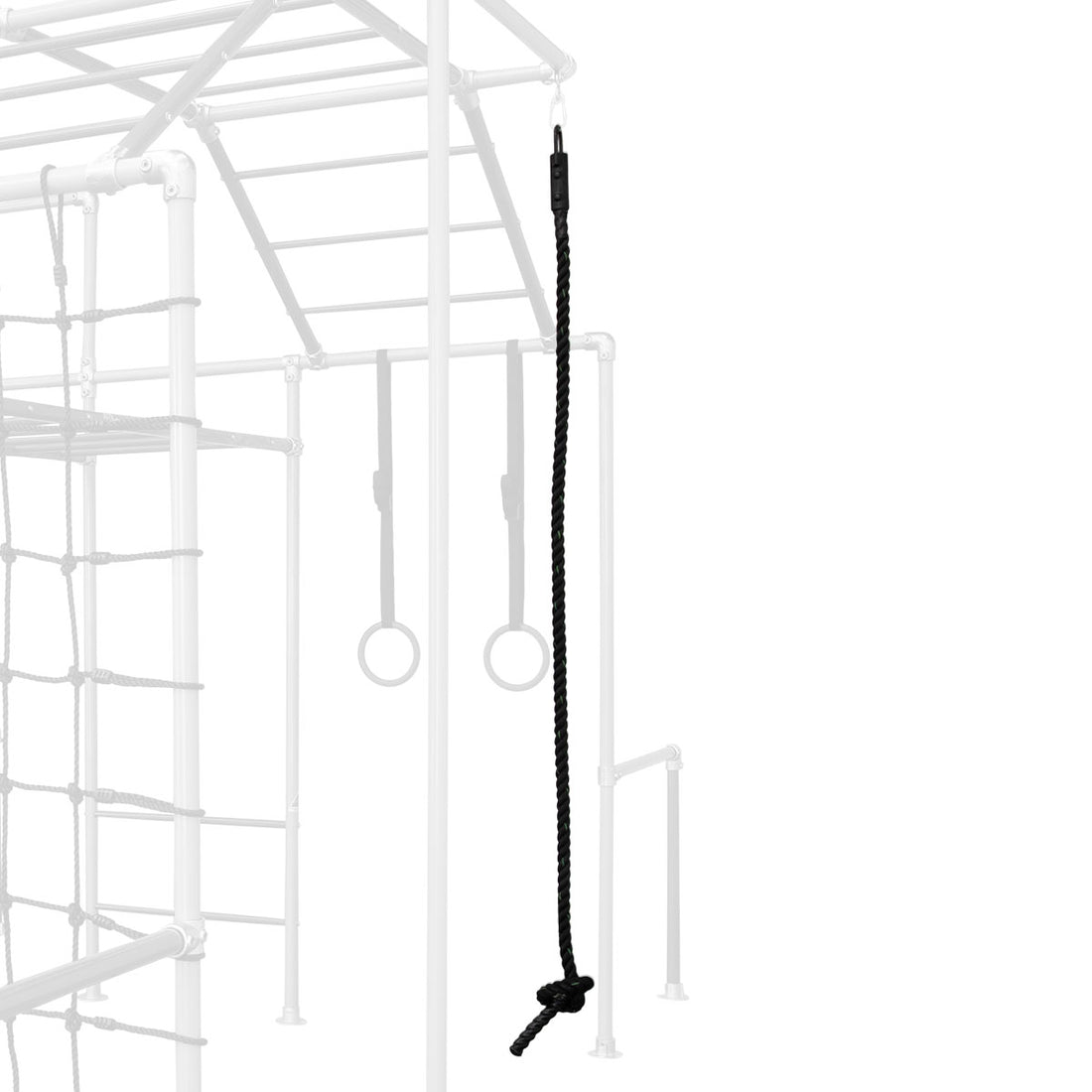 Black 3m Jungle Rope hanging from a Funky Monkey Bars monkey bar frame