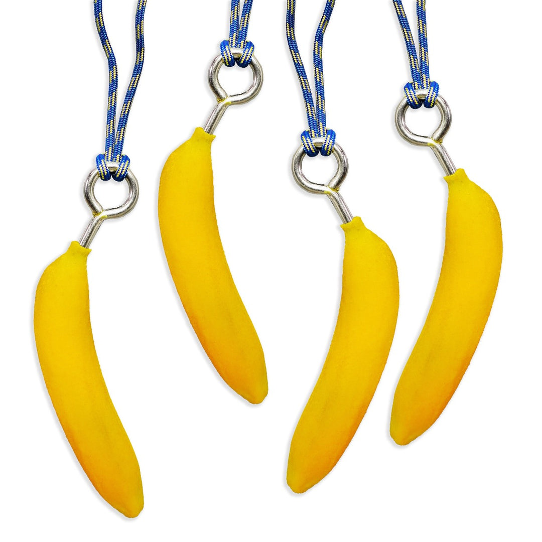Four yellow Banana Ninja Grips with ropes for Funky Monkey Bars frames