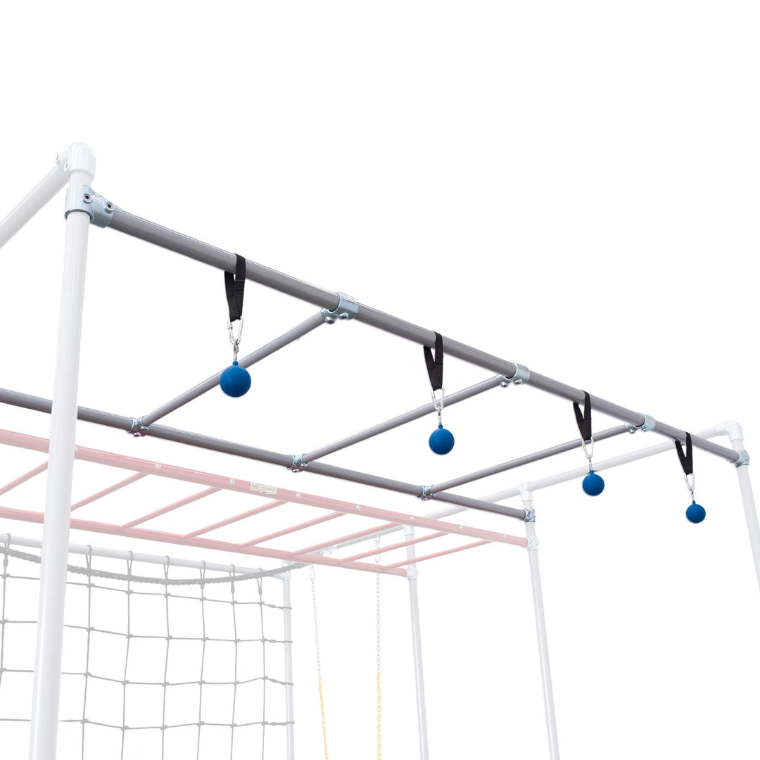Lache Bars with blue hanging grips on a Funky Monkey Bars monkey bar frame