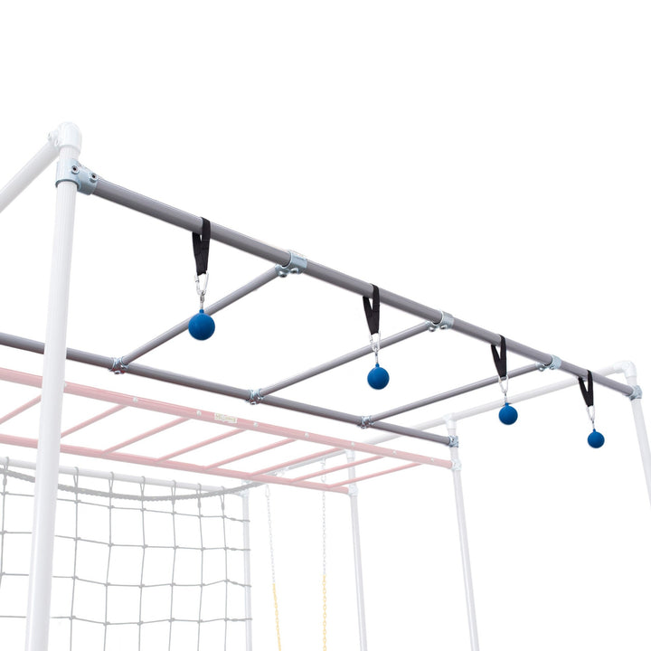 Lache Bars with blue hanging grips on a Funky Monkey Bars monkey bar frame