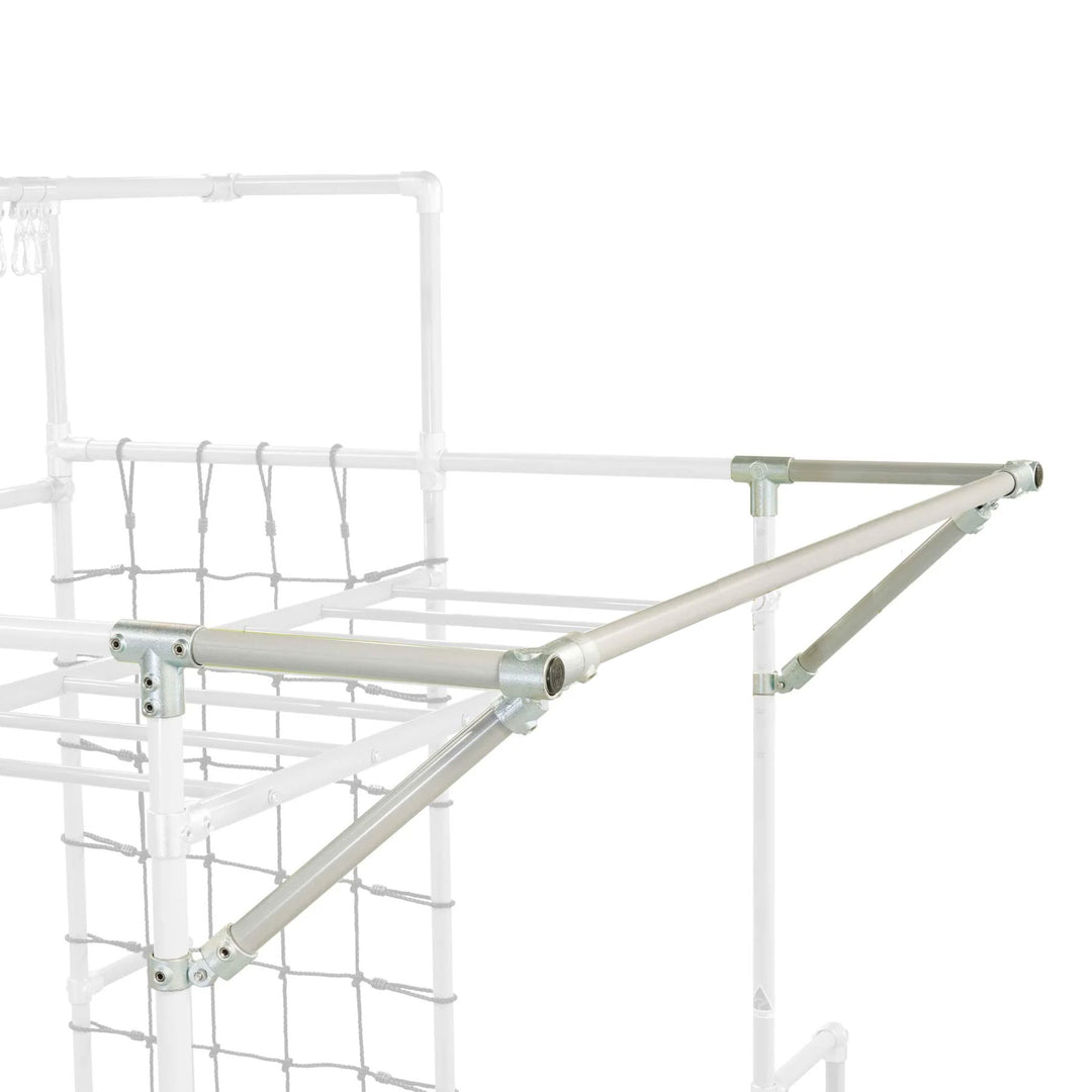 Floating Accessories Bar mounted to a Funky Monkey Bars frame with angled support brace and cargo net behind