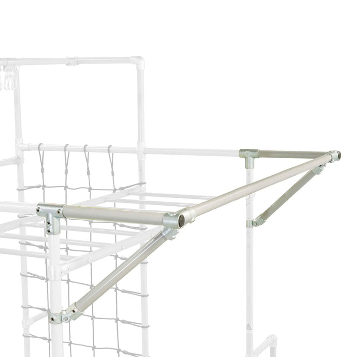 Floating Accessories Bar mounted to a Funky Monkey Bars frame with angled support brace and cargo net behind