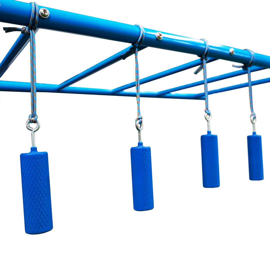 Blue long Ninja Grips hanging from a blue Funky Monkey Bars monkey bar frame