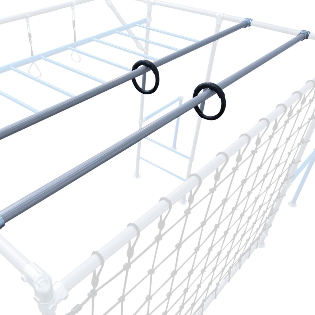 Black Traverse Rocket Rings mounted on a Funky Monkey Bars frame