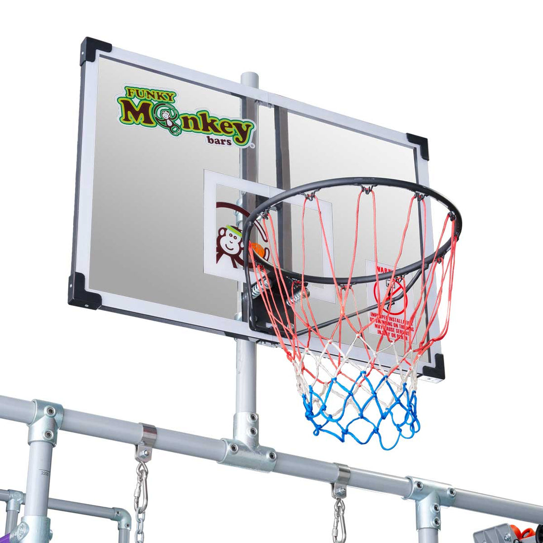 Basketball Hoop and backboard mounted on a Funky Monkey Bars frame