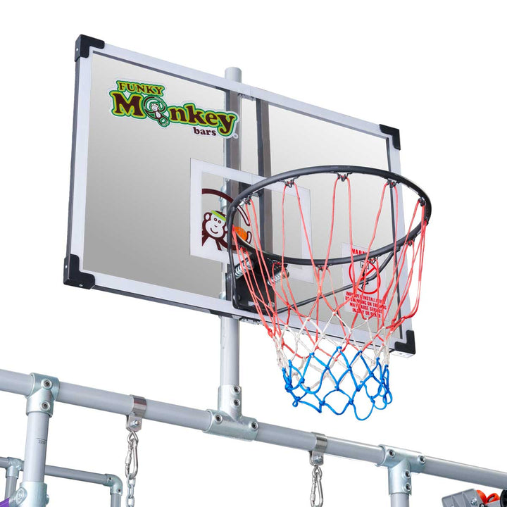 Basketball Hoop and backboard mounted on a Funky Monkey Bars frame