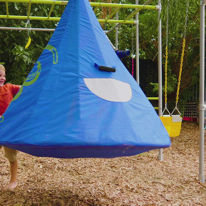 Swinging Cubby video - children use and play with a blue Swinging Cubby