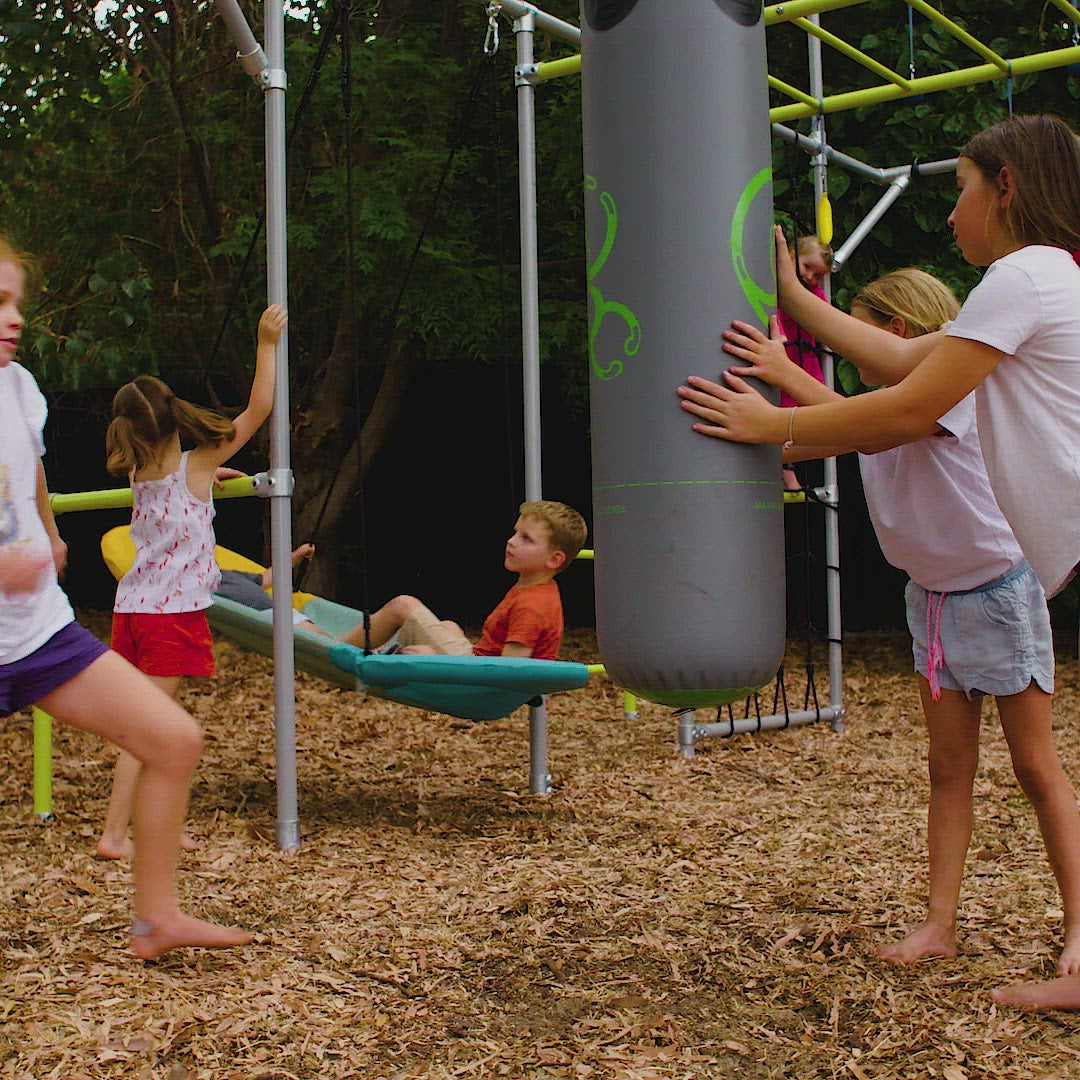 Video - children boxing, kicking and climbing on Large Outdoor Boxing Bag