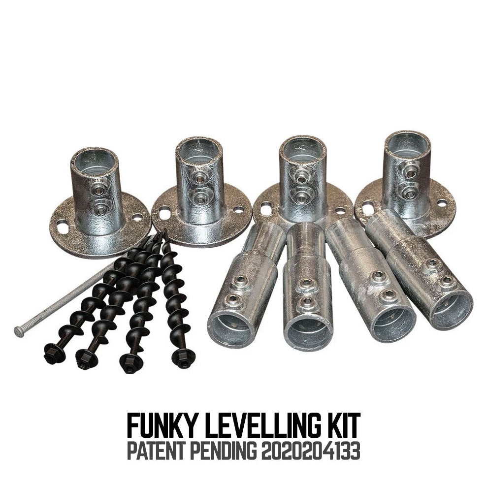 Silver Funky Levelling Kit with metal base plates, sleeves and screws