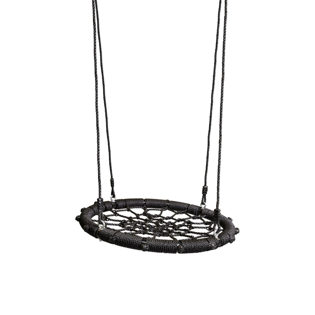 Black Small Nest Swing with woven round seat and hanging ropes