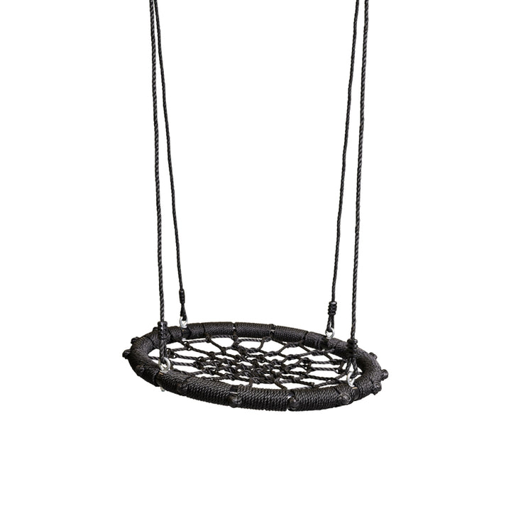 Black Small Nest Swing with woven round seat and hanging ropes